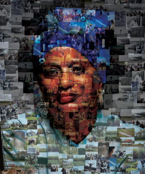 A portrait of Mélisande Short-Colomb,  composed of a mosaic-like compilation of smaller photographs.