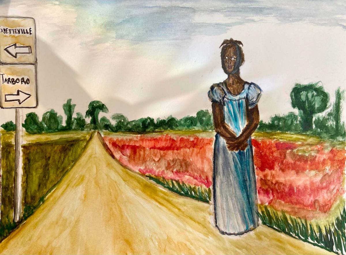 Watercolor painting of a young black woman in a blue dress standing on a country road. Fields of red and green trees are in the background. A right arrow points to Arboro and a left arrow sign points to Fayetteville.