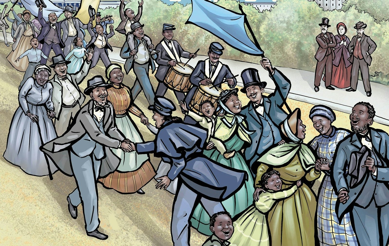 Color illustration of a group of people, circa the mid-1800s, celebrating in a parade down a hill.