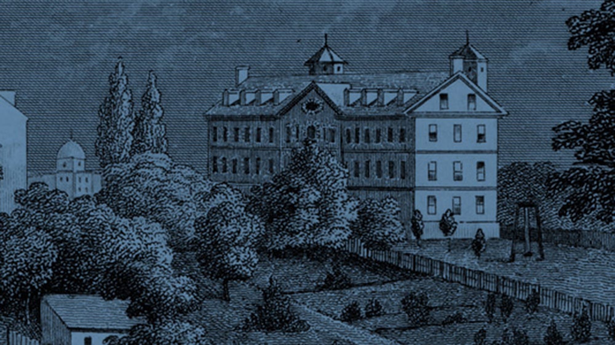 Monochrome illustration of Georgetown College in its early days, featuring one large building, a chapel to its left, and many surrounding trees.