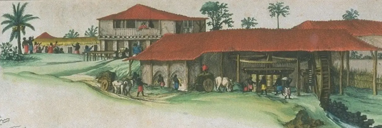 Illustration of a plantation. A house is in the background and a stable is in the foreground. Enslaved people are working around both buildings.