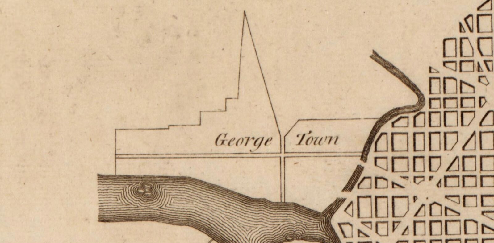 A vintage, line-drawing of the Georgetown area. An outlined area labelled George Town is centered. Surrounding that area below and to the right is a shaded-in tree limb. Further to the right is a geometric depiction of the residential neighborhood, with boxes representing houses.
